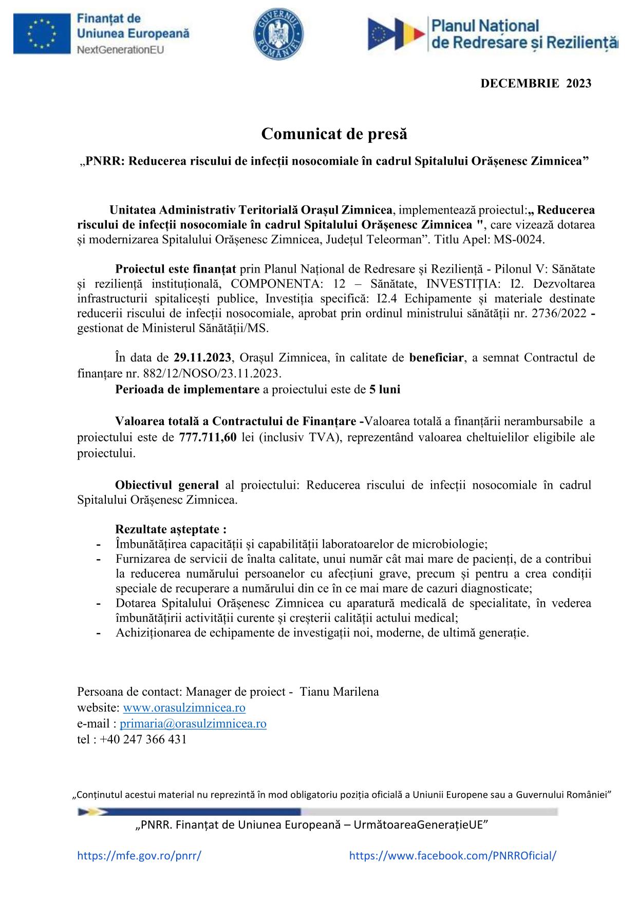 Zimnicea Primăria Zimnicea - „PNRR: Reducerea riscului de infecții nosocomiale ...
